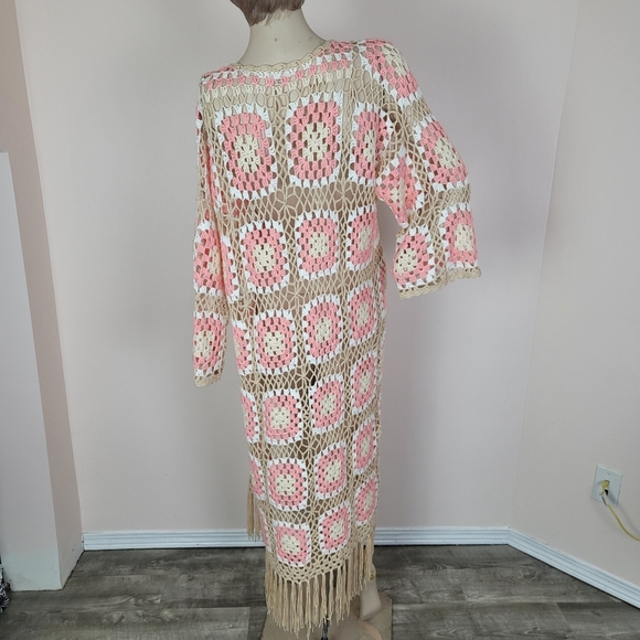 POL Kauai Crochet Long Tie Cardigan In Blush Beige Size Medium Granny Squares - Picture 12 of 14
